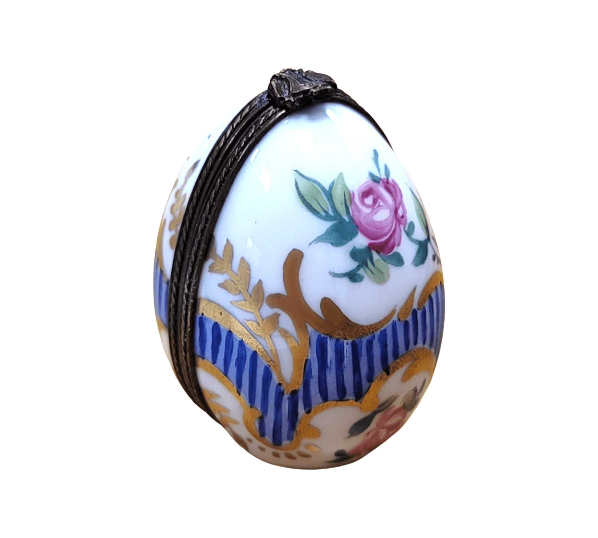 Blue Striped Egg Perfume Box Porcelain Limoges Perfume egg French Trinket Box