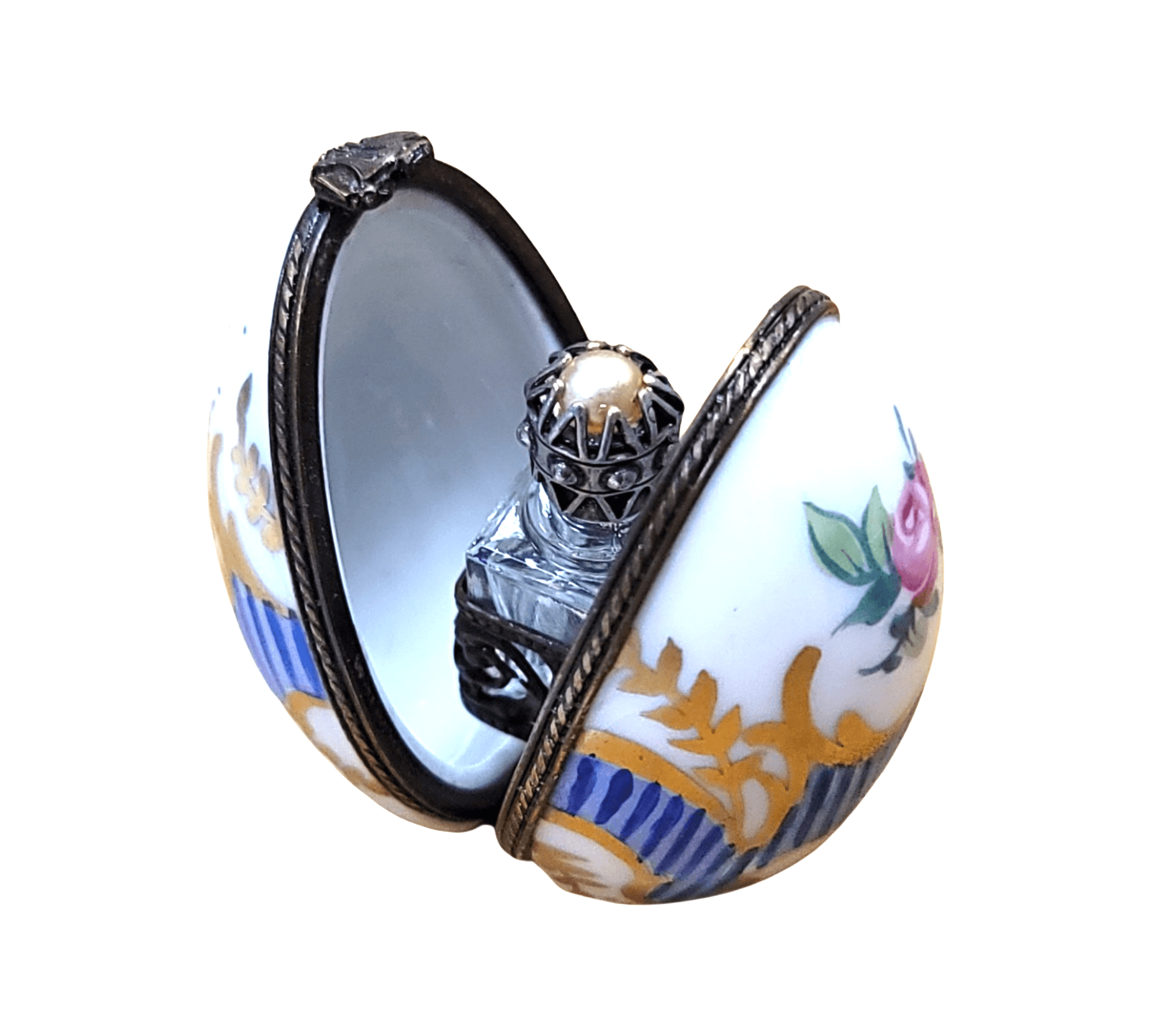 Blue Striped Egg Perfume Box Porcelain Limoges Perfume egg French Trinket Box