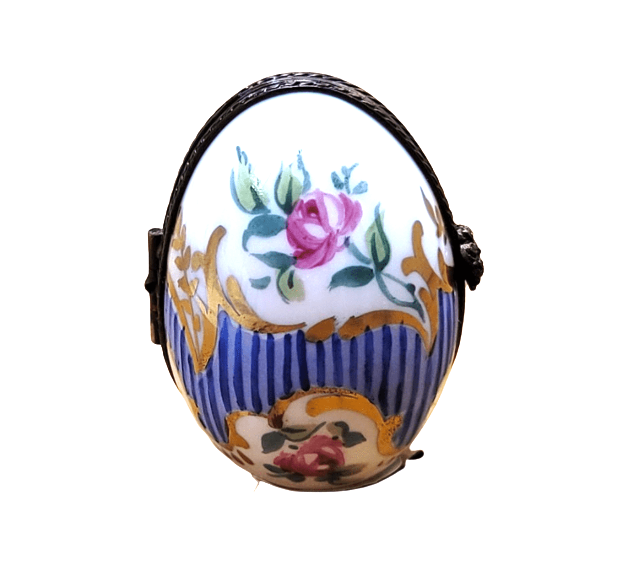 Blue Stripes Elegant Picture Frame Porcelain Limoges egg French Trinket Box