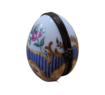 Blue Stripes Elegant Picture Frame Porcelain Limoges egg French Trinket Box