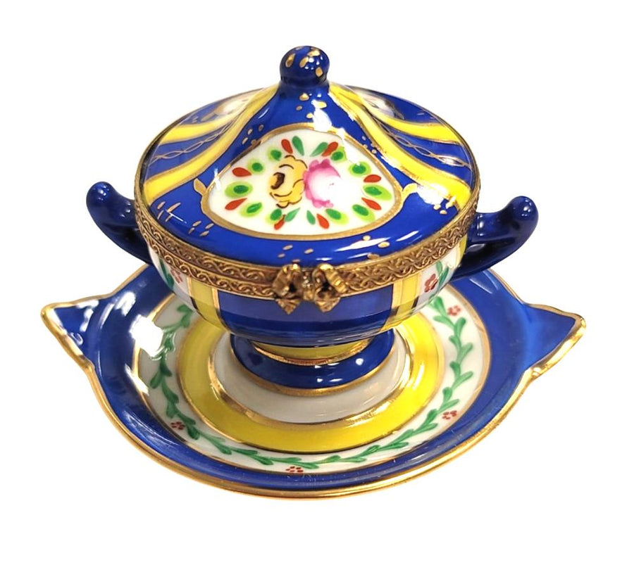 Blue Yellow Porcelain Soup Tureen Porcelain Limoges Home China French Trinket Box