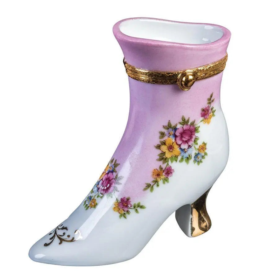 Boot w Pink Flower Decal Porcelain Limoges shoes French Trinket Box