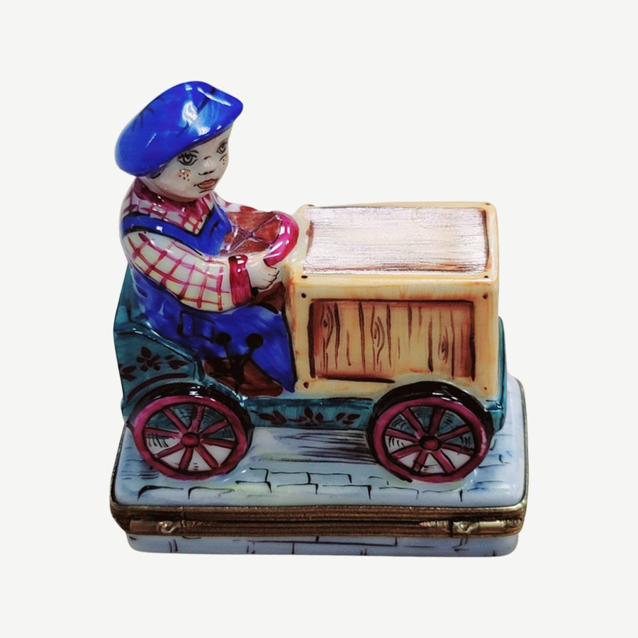 Boy on Box Cart Bike Limoges Porcelain Limoges baby vehicle French Trinket Box