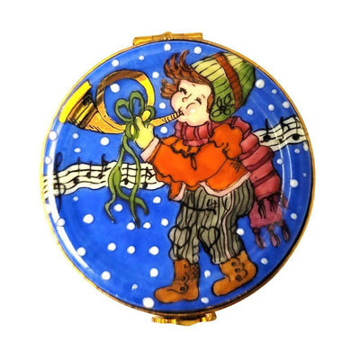 Boy with Horn Winter Delight Porcelain Limoges xmas theme French Trinket Box