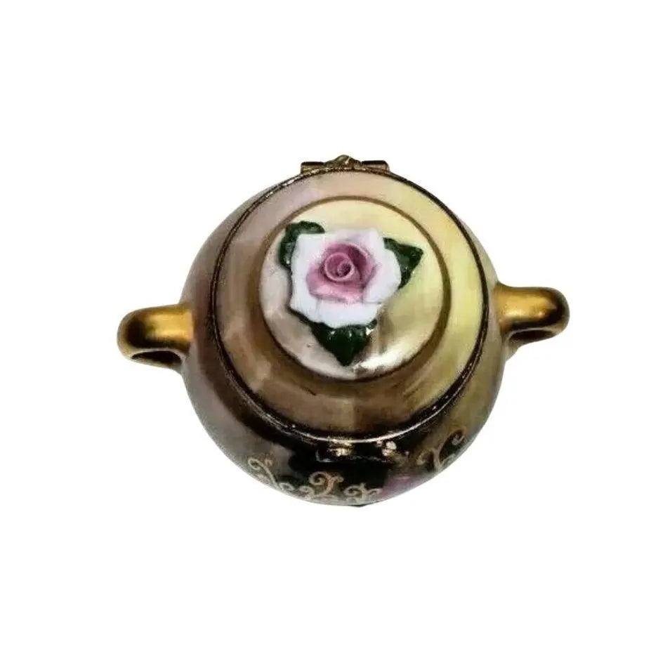 Brown Tea Urn Chest w Rosard Motiff Porcelain Limoges China French Trinket Box