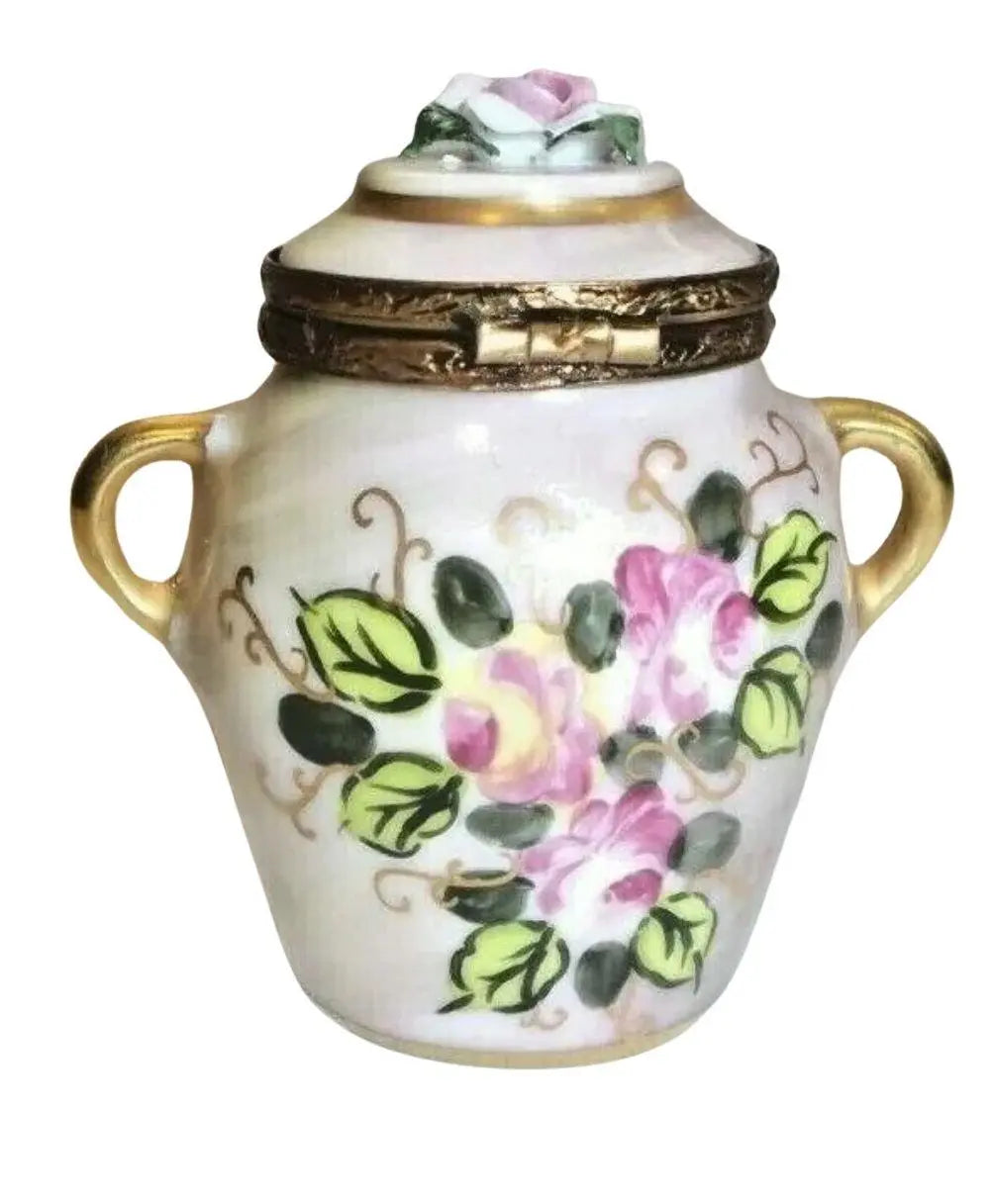 Brown Tea Urn Chest w Rosard Motiff Porcelain Limoges China French Trinket Box