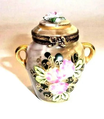 Brown Tea Urn Chest w Rosard Motiff Porcelain Limoges China French Trinket Box