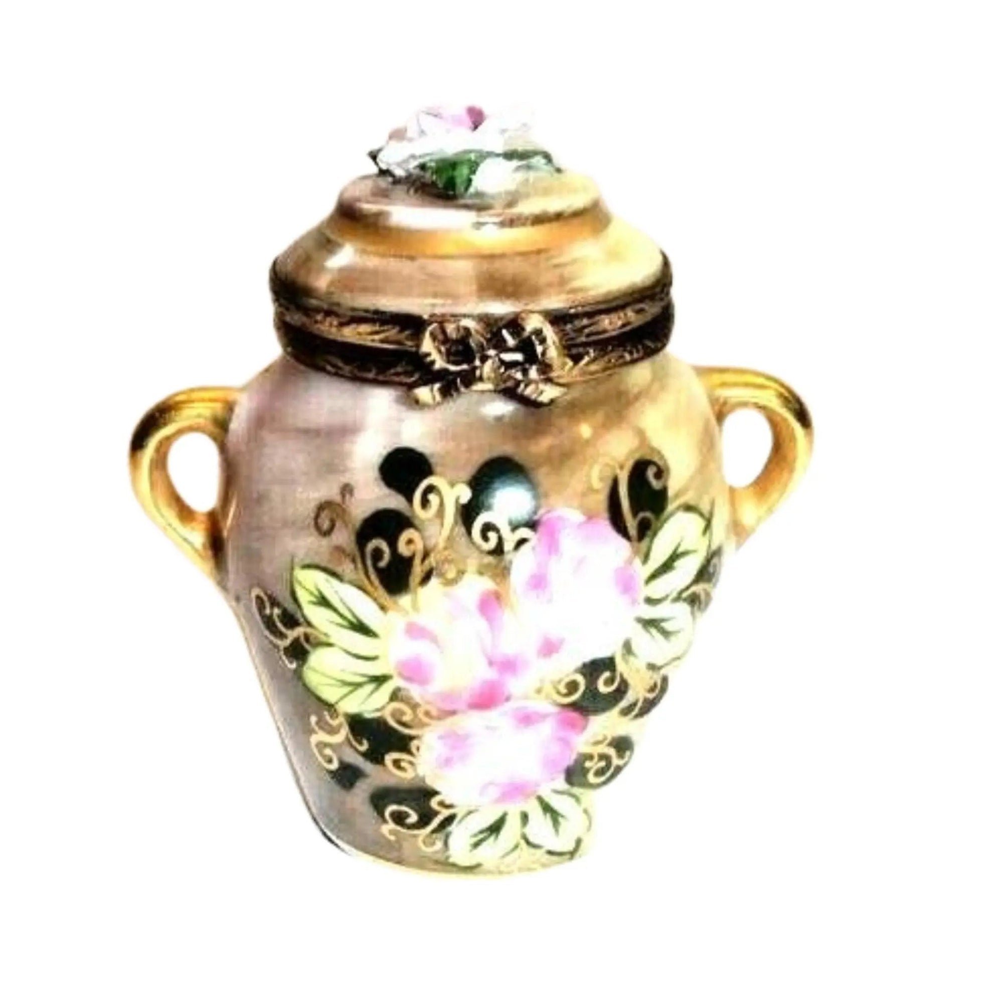 Brown Tea Urn Chest w Rosard Motiff Porcelain Limoges China French Trinket Box