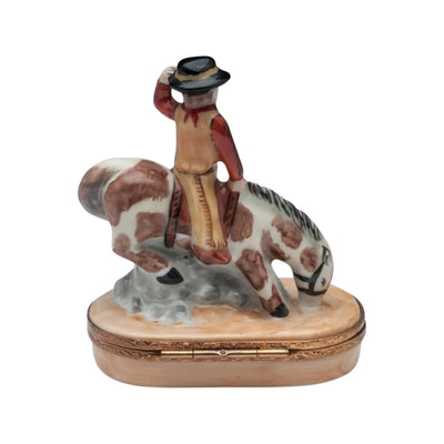 Bucking Bronco Cowboy Porcelain Limoges fairy farm animals French Trinket Box