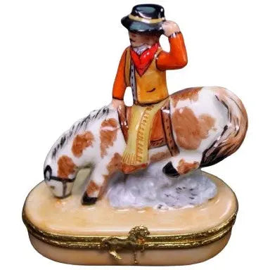 Bucking Bronco Cowboy Porcelain Limoges fairy farm animals French Trinket Box
