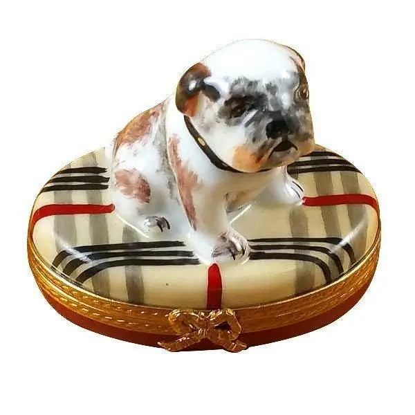 Bulldog on Plaid Rug Porcelain Limoges dog French Trinket Box