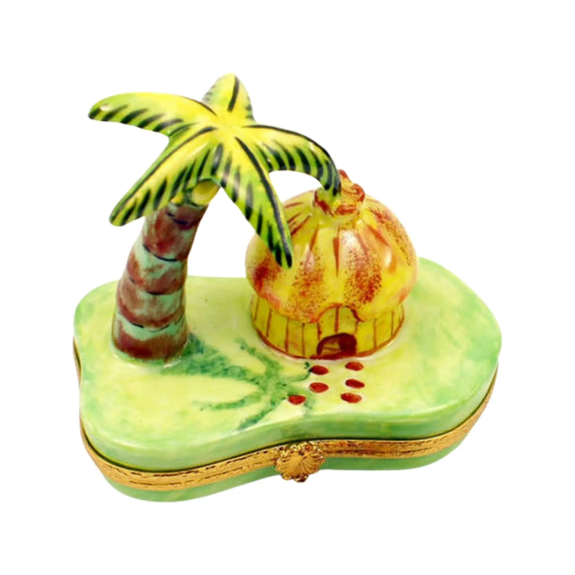 Cabana w Palm Tree Ocean Porcelain Limoges Beach Ocean World Travel French Trinket Box