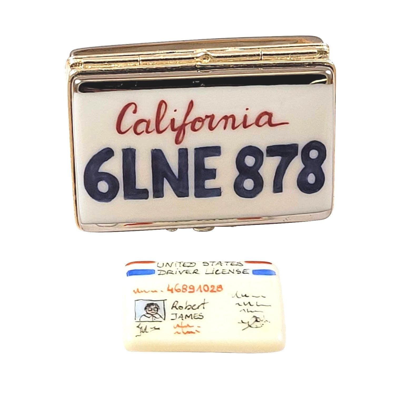 California License Plate with Driver's License Porcelain Limoges United States Vehicle French Trinket Box