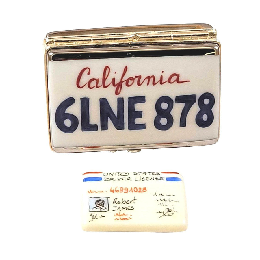 California License Plate with Driver's License Porcelain Limoges United States Vehicle French Trinket Box
