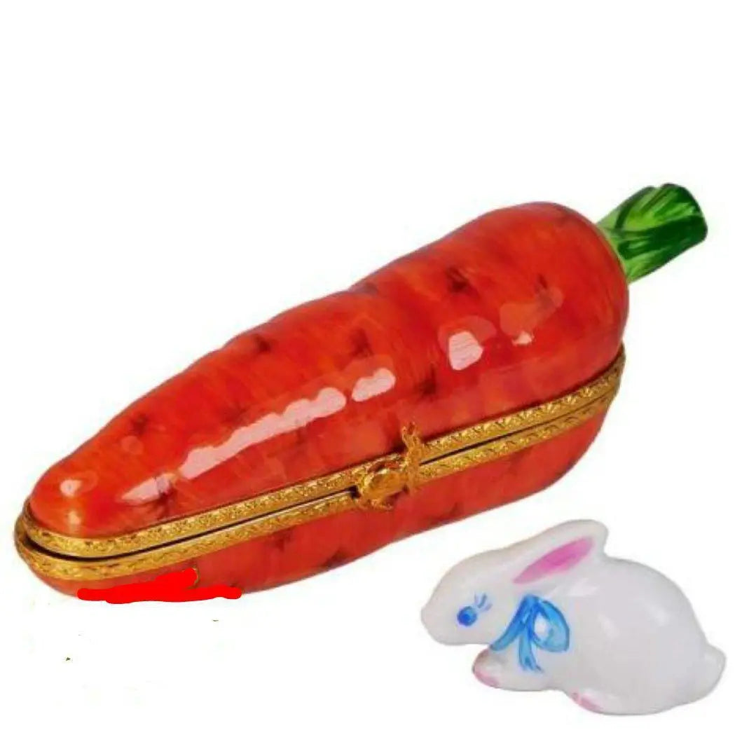 Carrot w Rabbit:Pink-Blue Porcelain Limoges Vegetables Fruits French Trinket Box