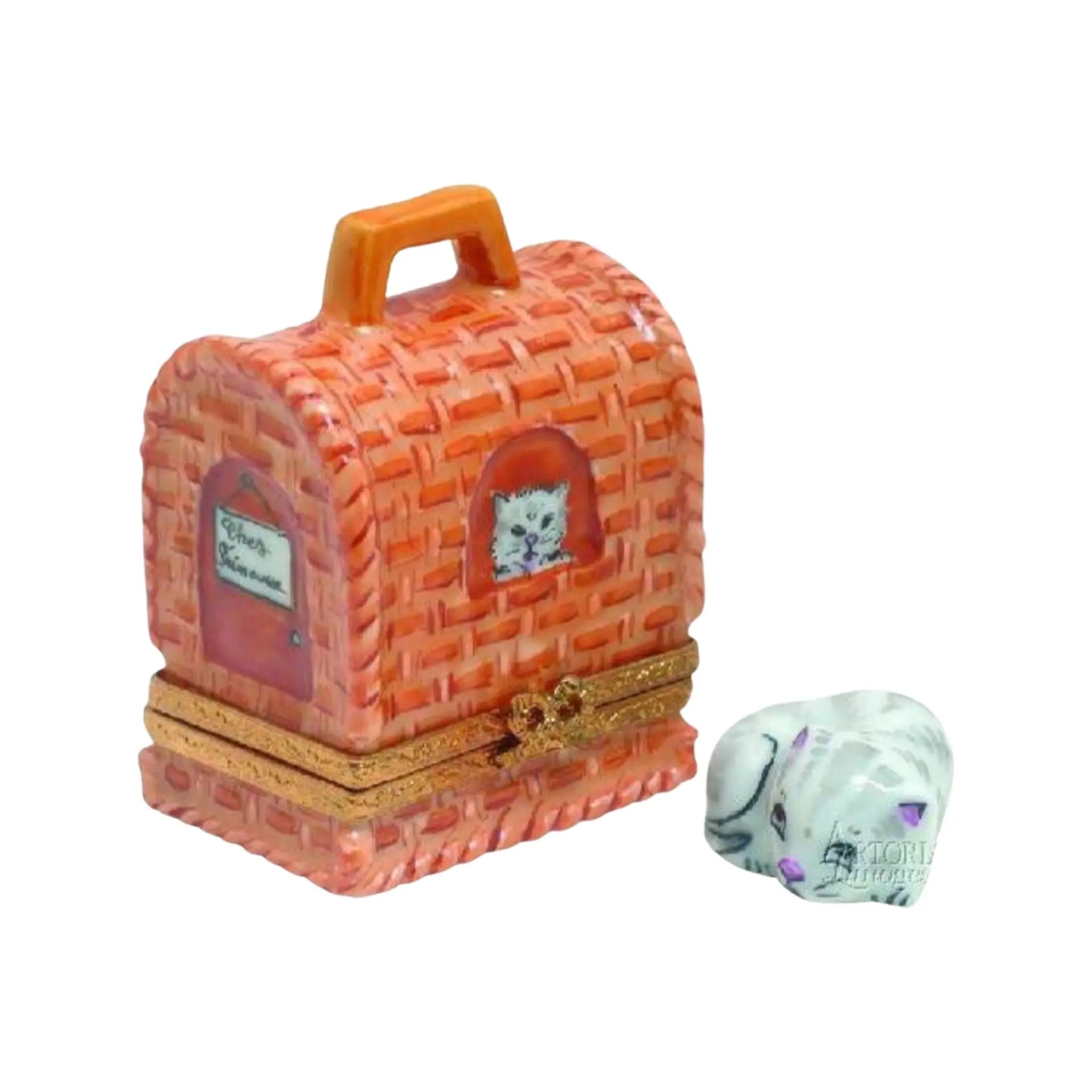 Cat Carrier w Removable Cat Porcelain Limoges Cat French Trinket Box