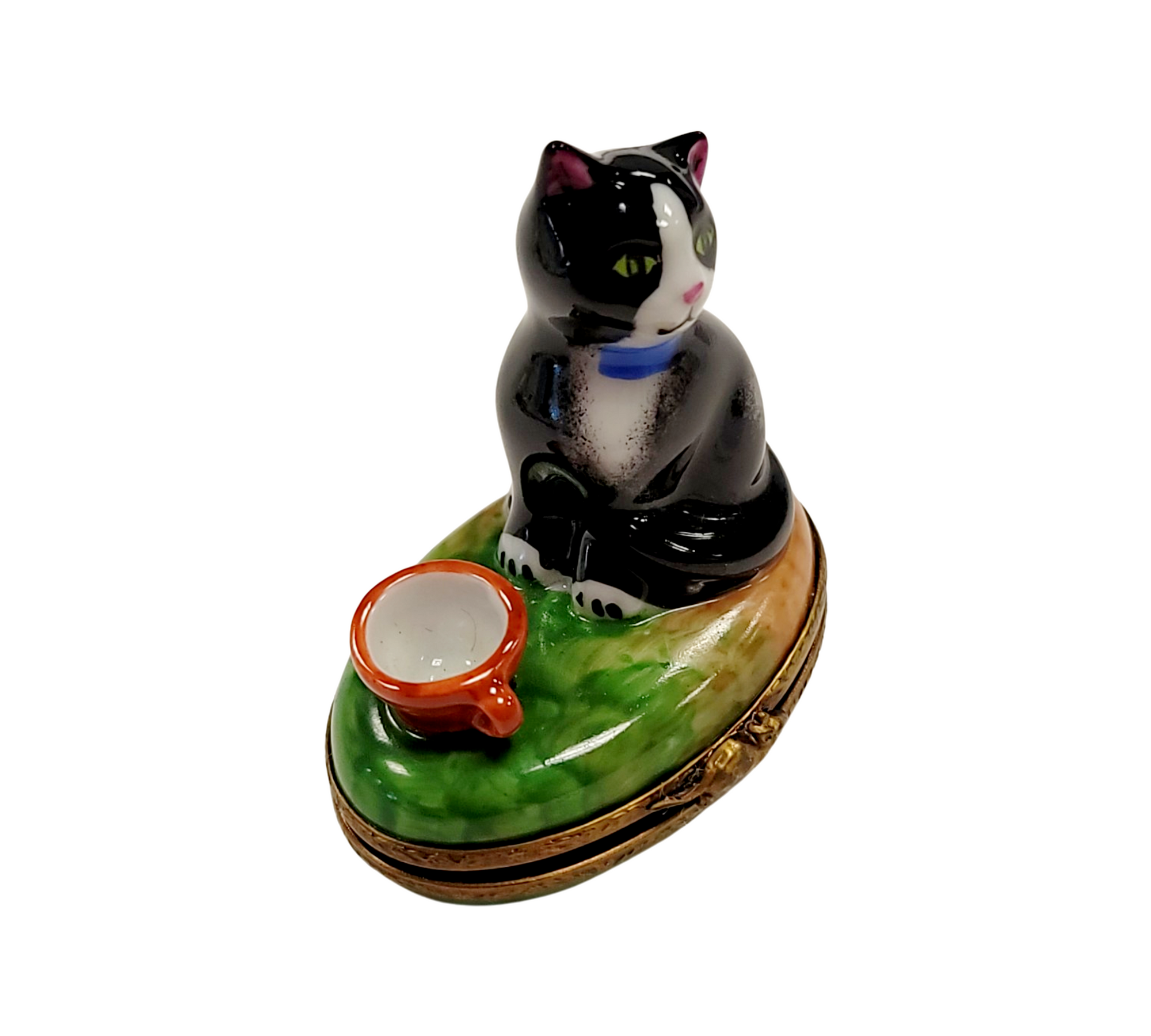Cat Figurine with Bowl Delight Porcelain Limoges Cat French Trinket Box