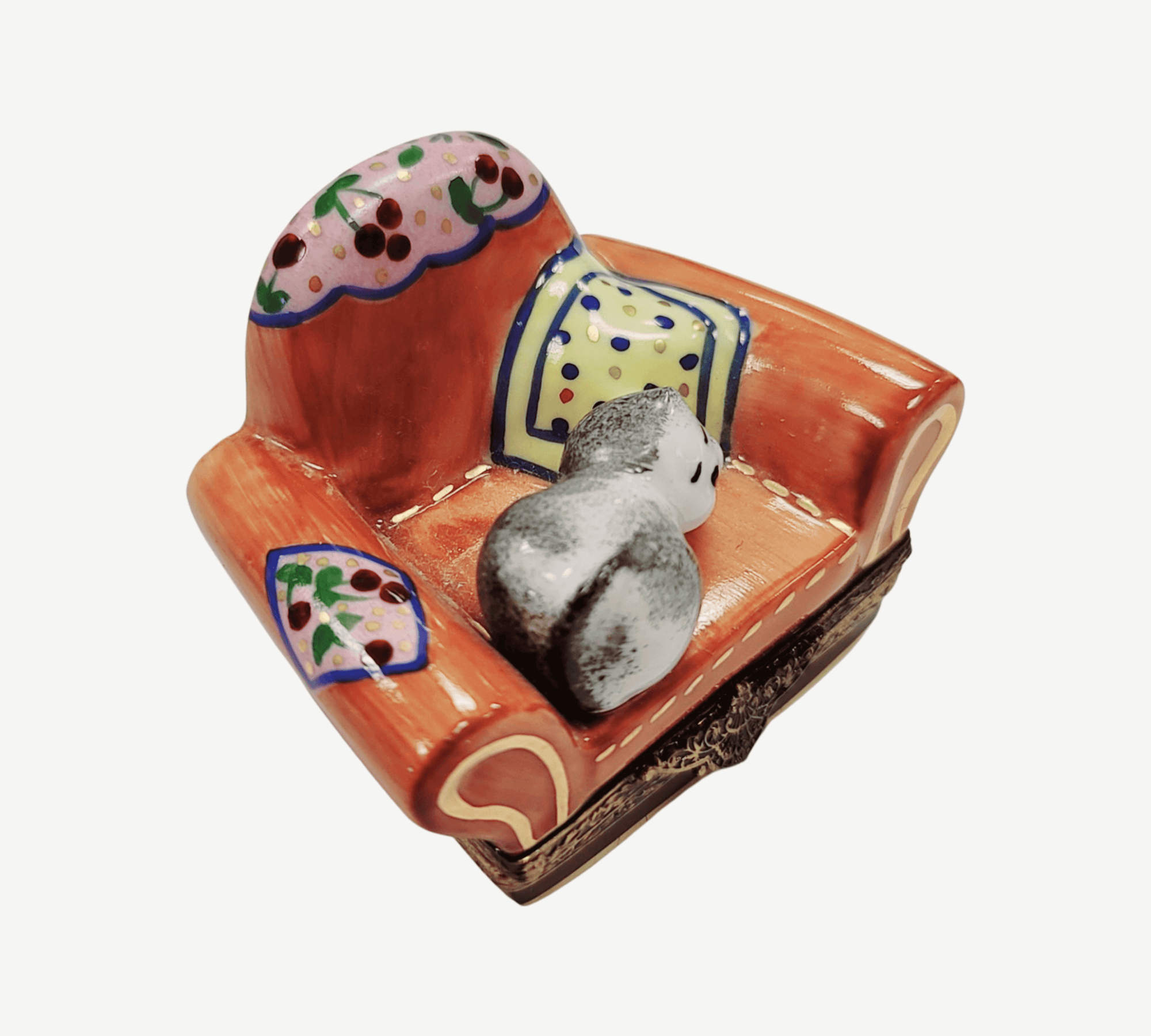 Cat In Cozy Armchair Limoges Box Porcelain Limoges cat furniture French Trinket Box