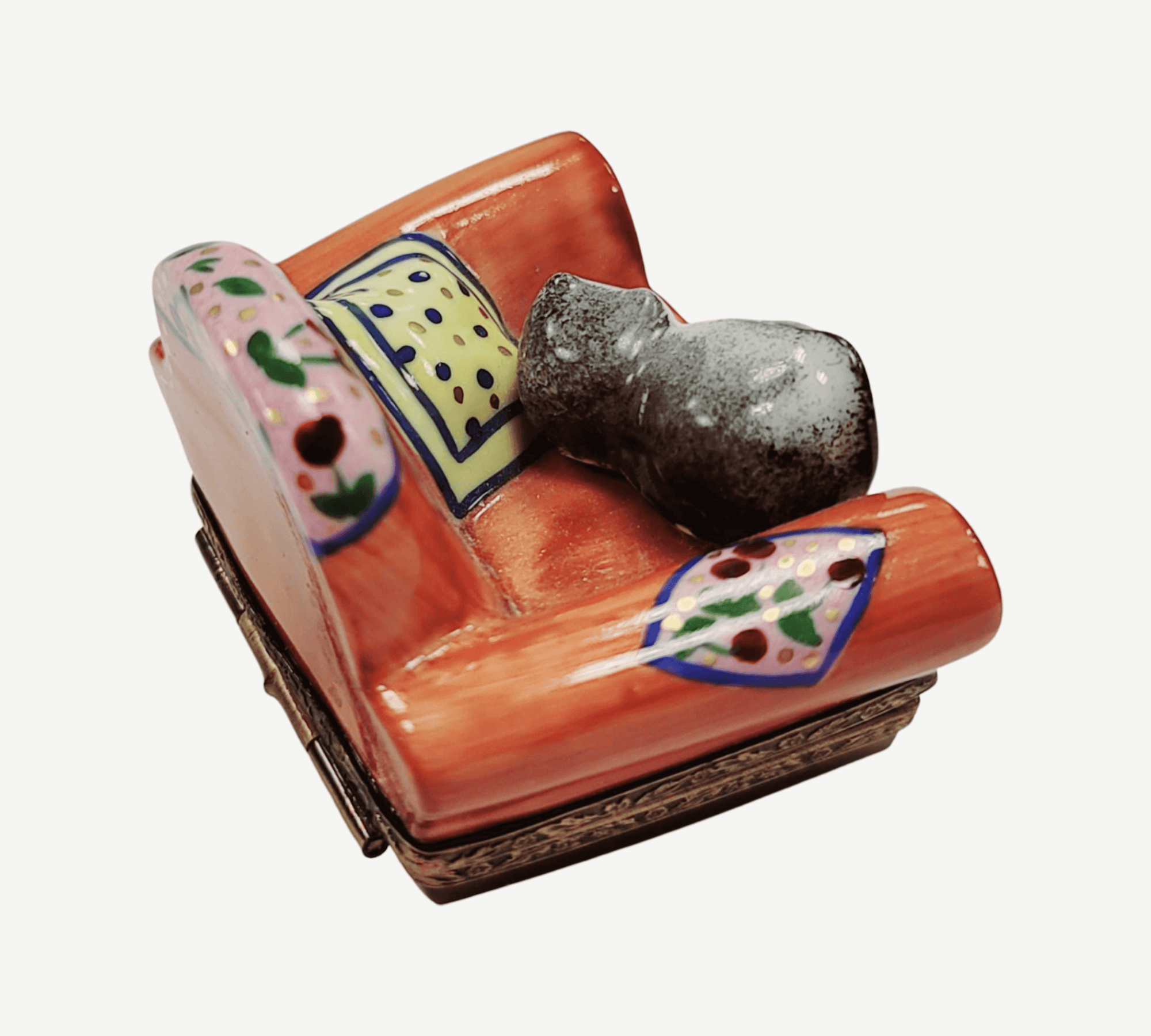 Cat In Cozy Armchair Limoges Box Porcelain Limoges cat furniture French Trinket Box