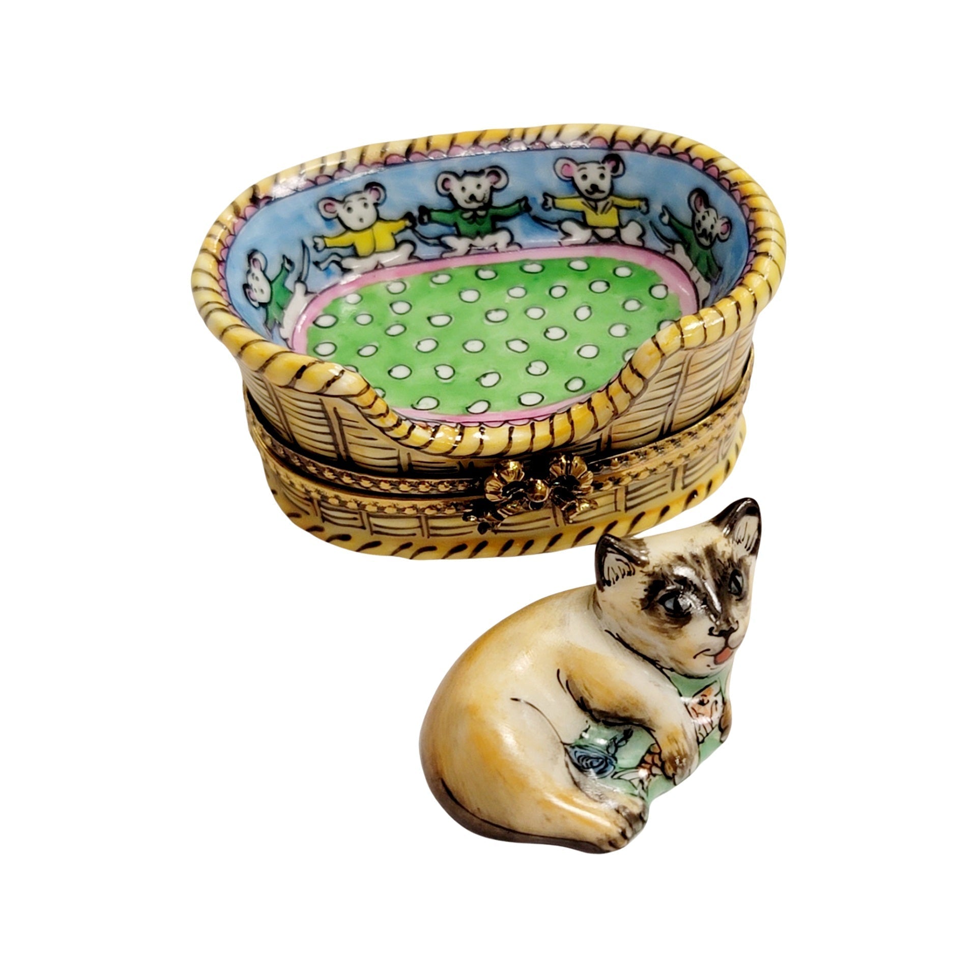 Cat Nestled in Cozy Basket Porcelain Limoges Cat French Trinket Box