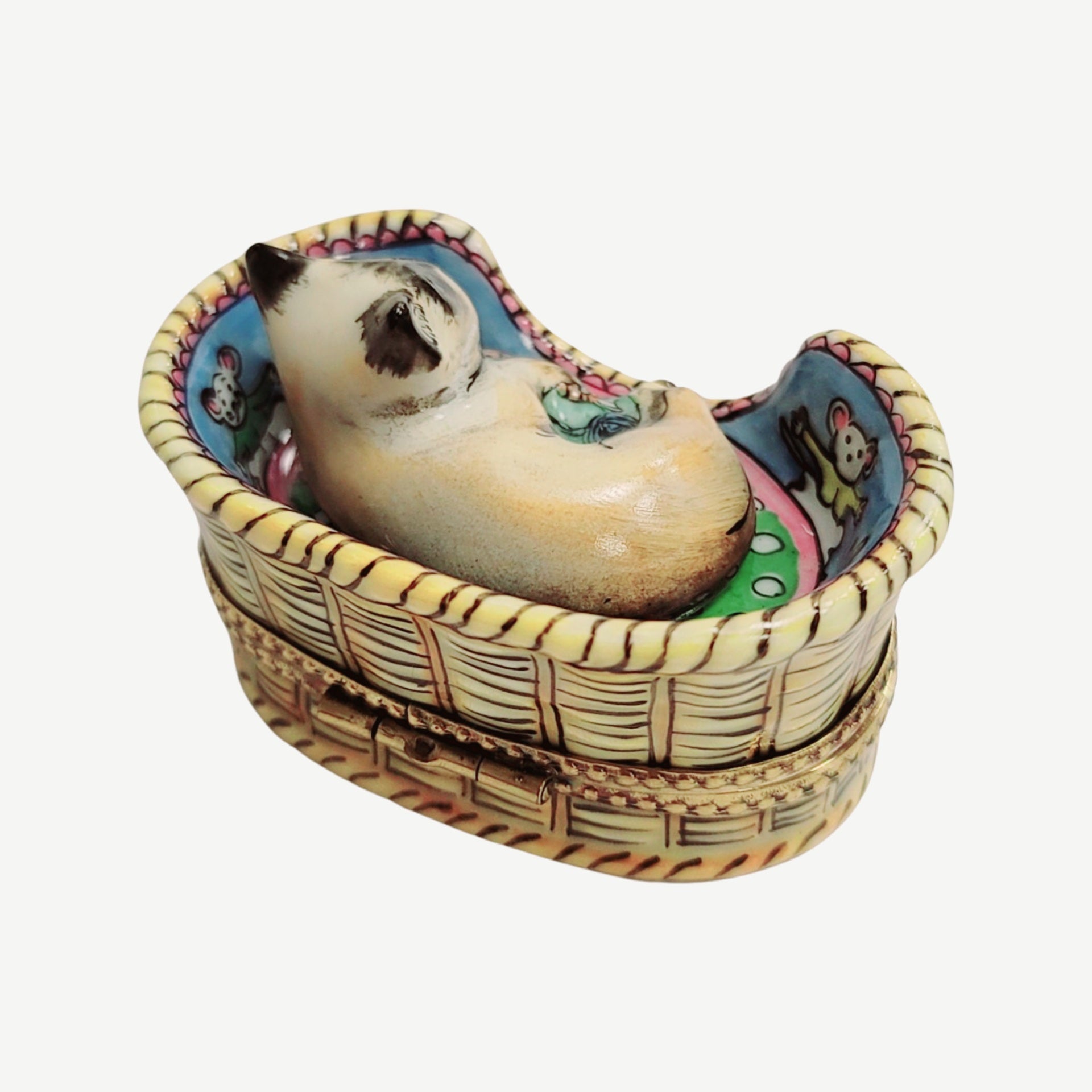 Cat Nestled in Cozy Basket Porcelain Limoges Cat French Trinket Box