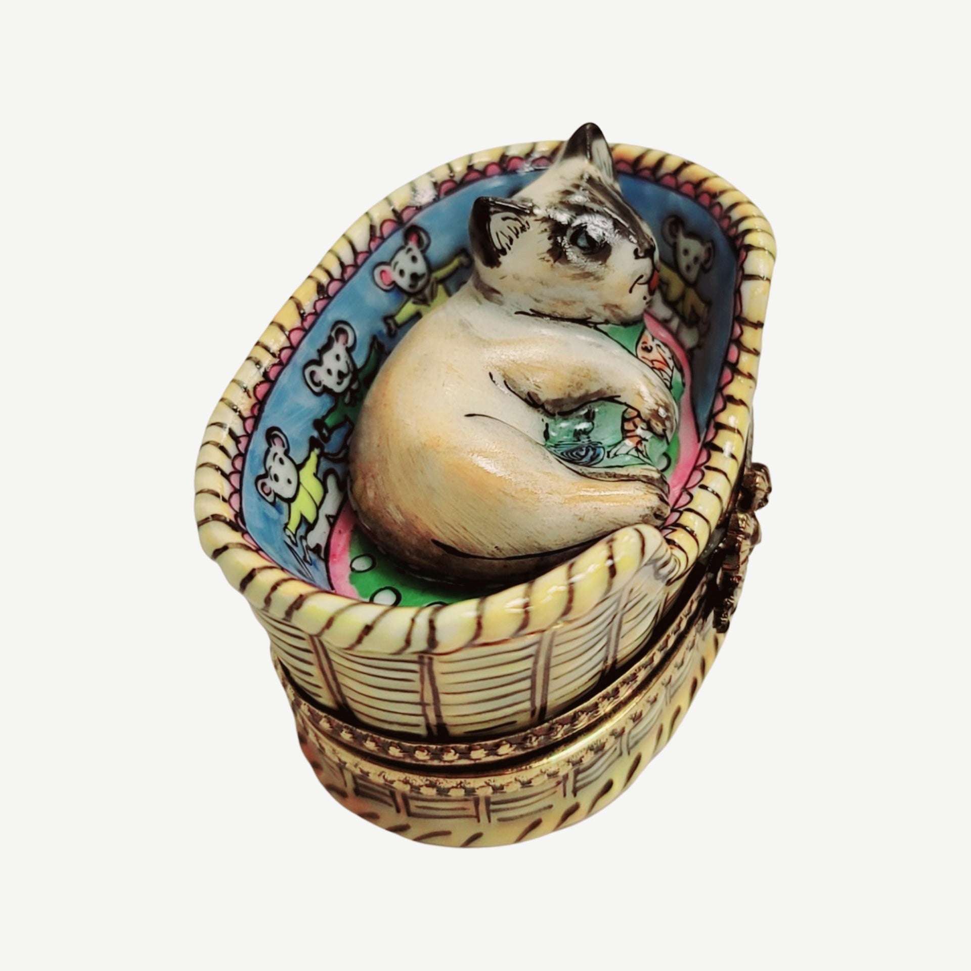 Cat Nestled in Cozy Basket Porcelain Limoges Cat French Trinket Box