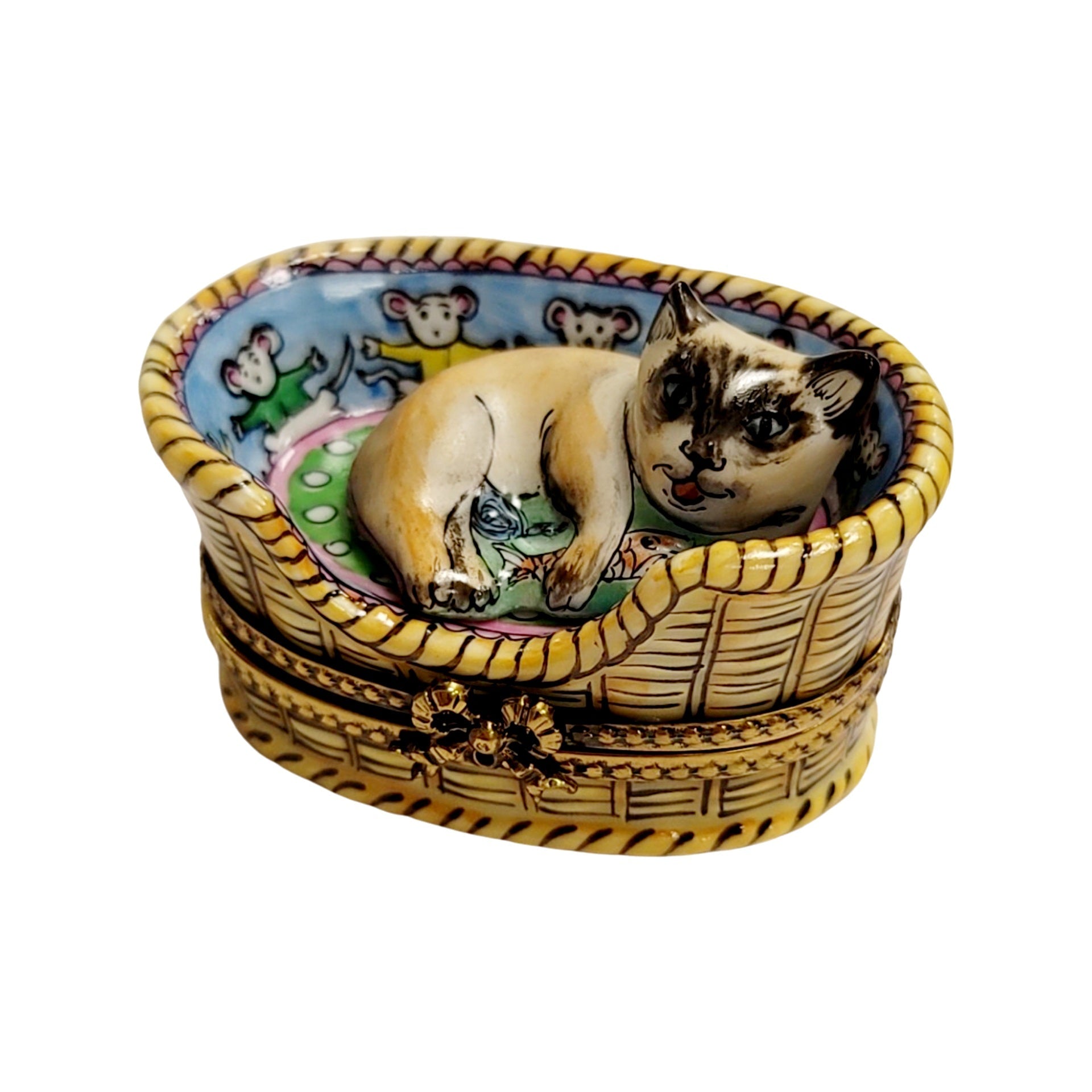 Cat Nestled in Cozy Basket Porcelain Limoges Cat French Trinket Box