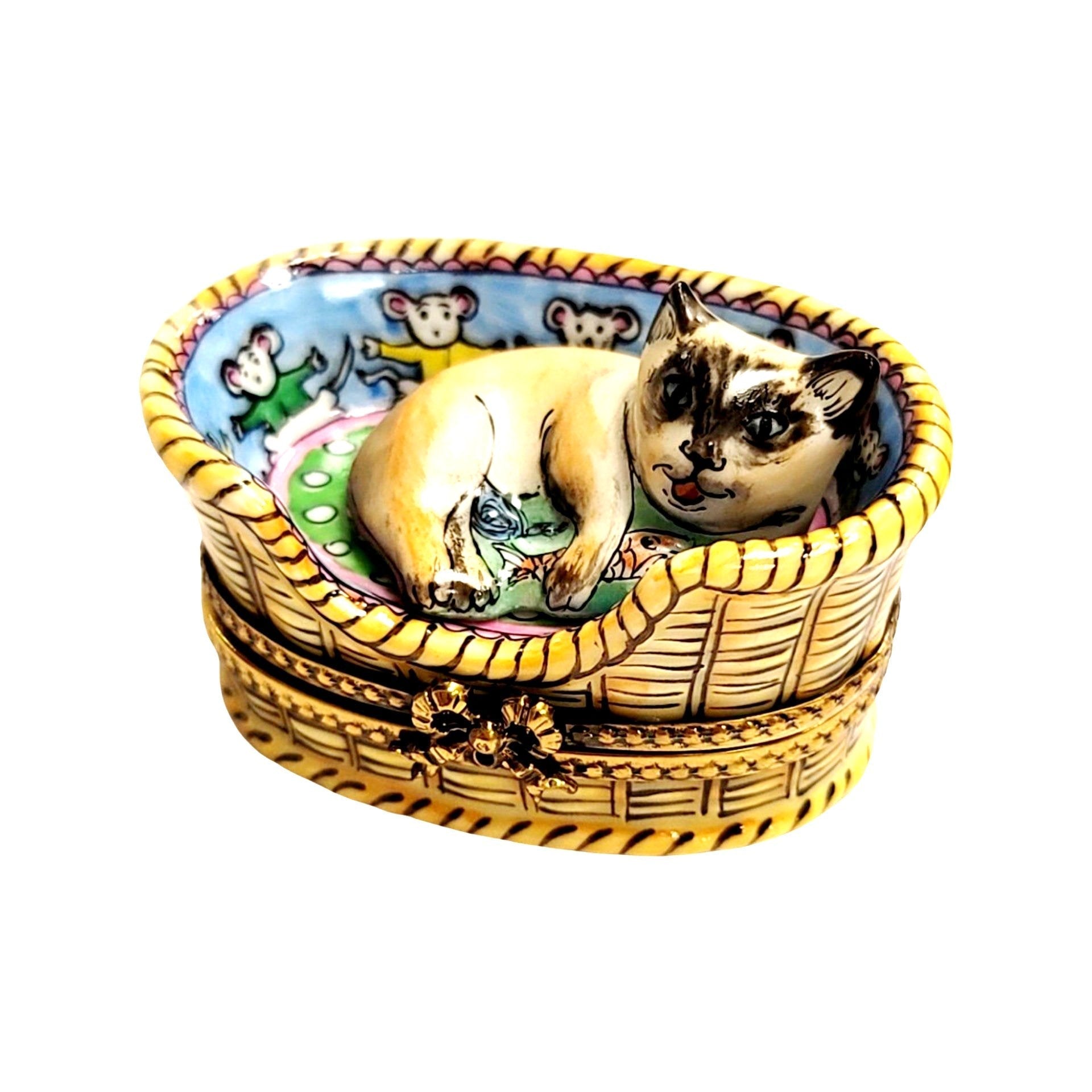 Cat Nestled in Cozy Basket Porcelain Limoges Cat French Trinket Box