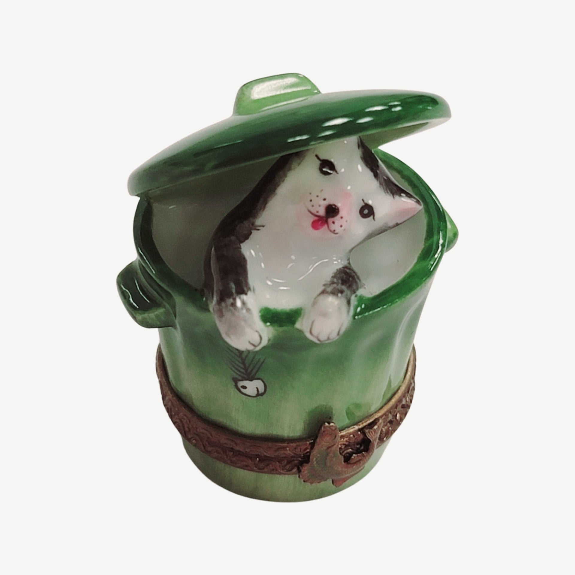Cat Peeking From Trashcan Porcelain Limoges cat French Trinket Box