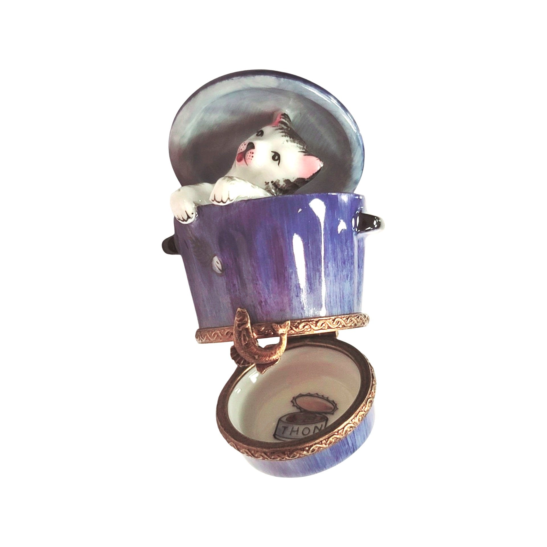 Cat Peeking from Trashcan Porcelain Limoges cat home furniture limoges box French Trinket Box