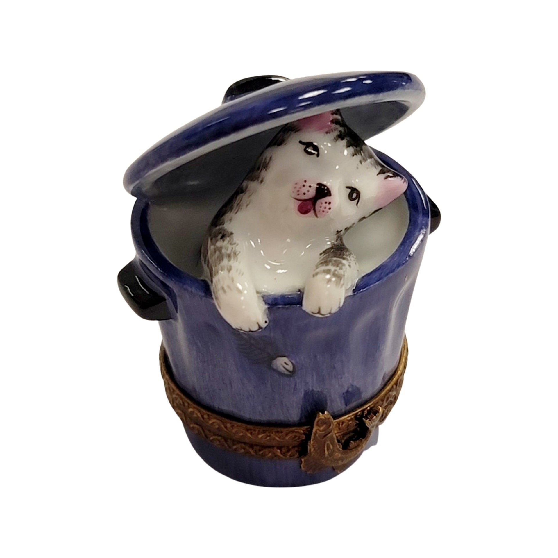 Cat Peeking from Trashcan Porcelain Limoges cat home furniture limoges box French Trinket Box