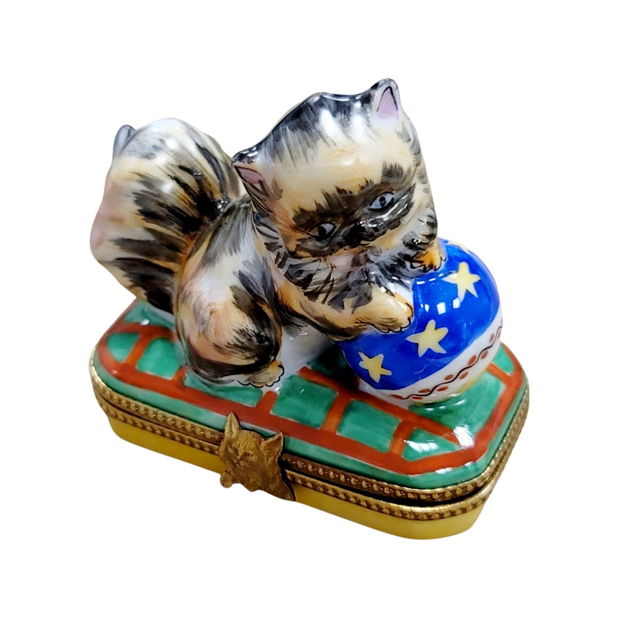 Cat Playing with Yarn Box Porcelain Limoges Cat French Trinket Box