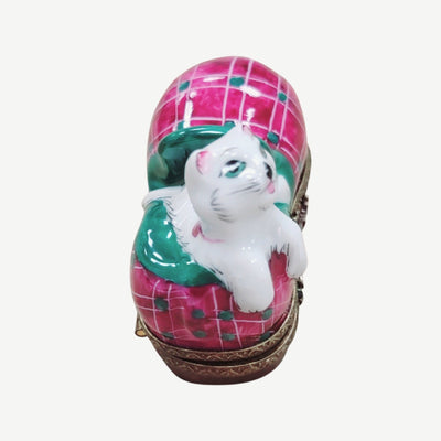 Cat Snuggled in Slipper Porcelain Limoges Cat French Trinket Box