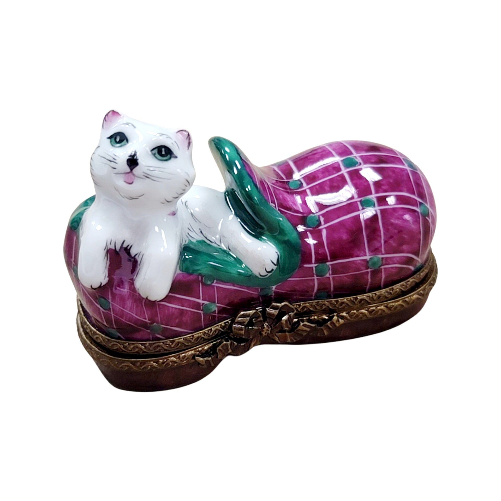 Cat Snuggled in Slipper Porcelain Limoges Cat French Trinket Box