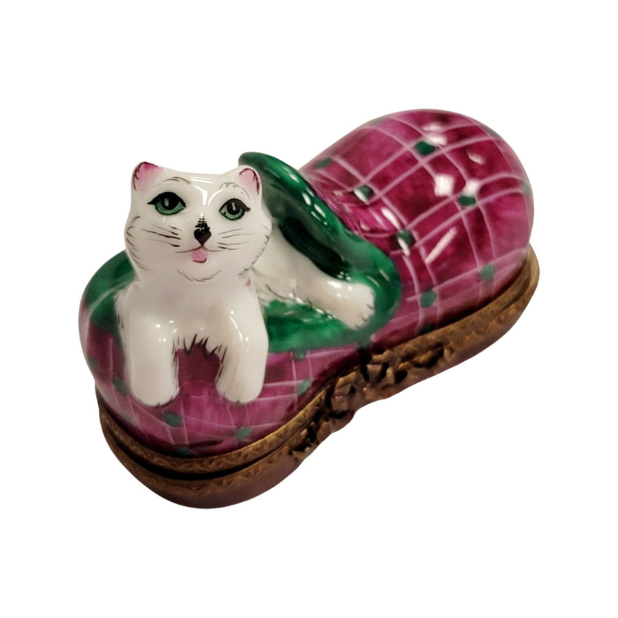 Cat Snuggled in Slipper Porcelain Limoges Cat French Trinket Box