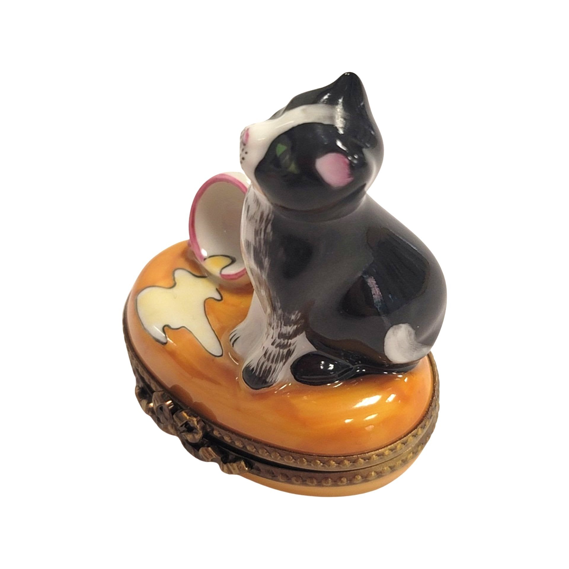 Cat Spilt Milk Figurine Porcelain Limoges Cat French Trinket Box