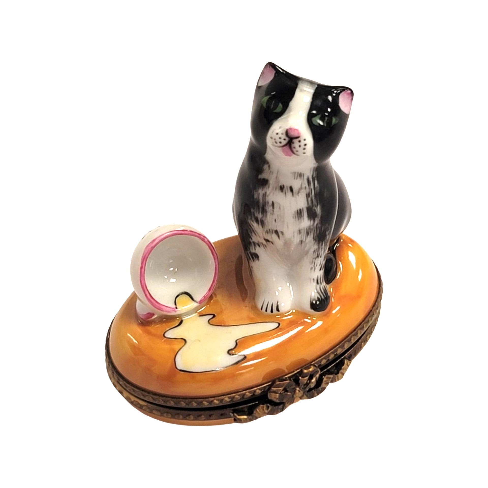 Cat Spilt Milk Figurine Porcelain Limoges Cat French Trinket Box
