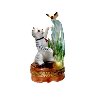 Cat and Butterfly Porcelain Limoges Butterfly Cat French Trinket Box