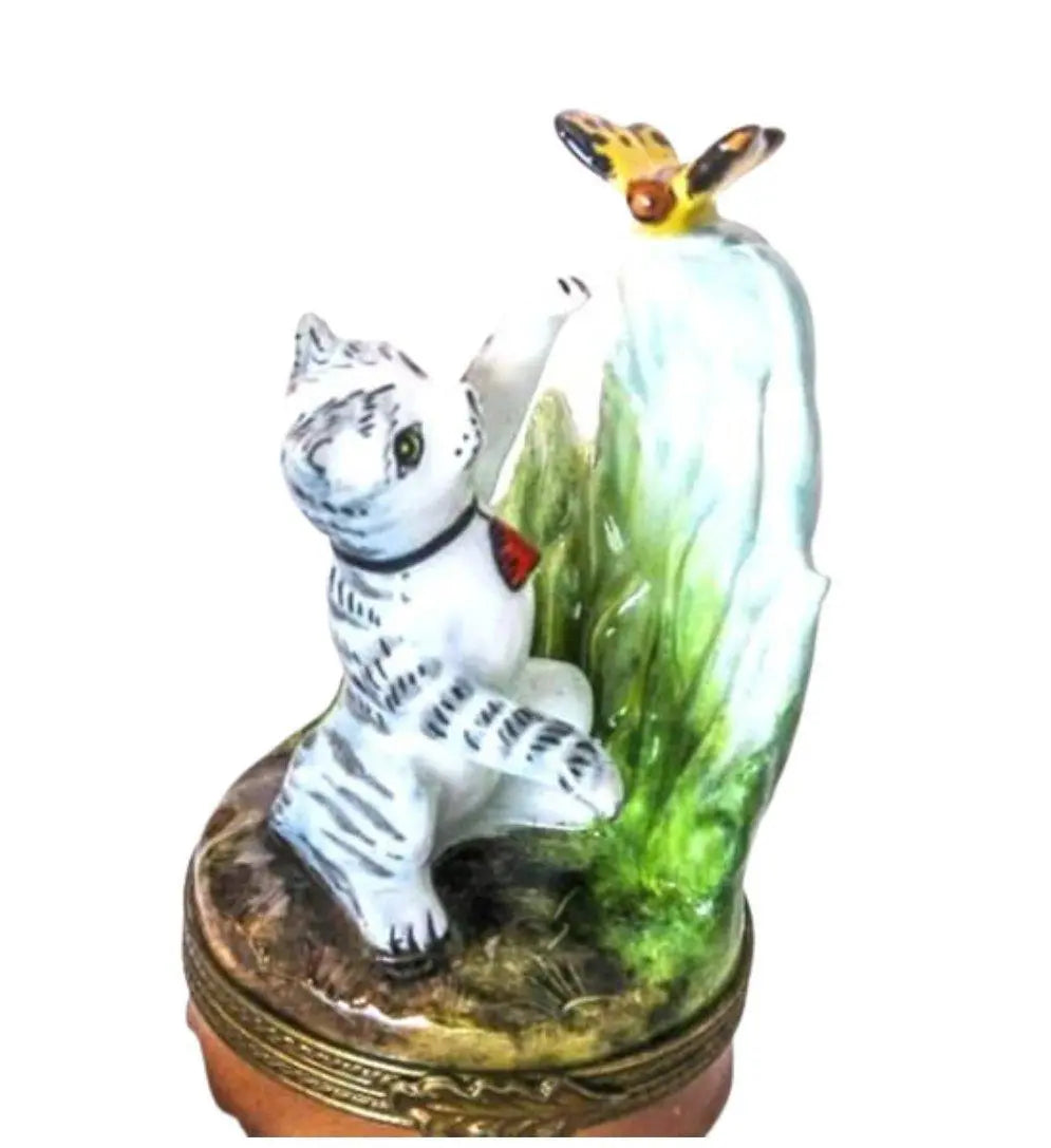 Cat and Butterfly Porcelain Limoges Butterfly Cat French Trinket Box