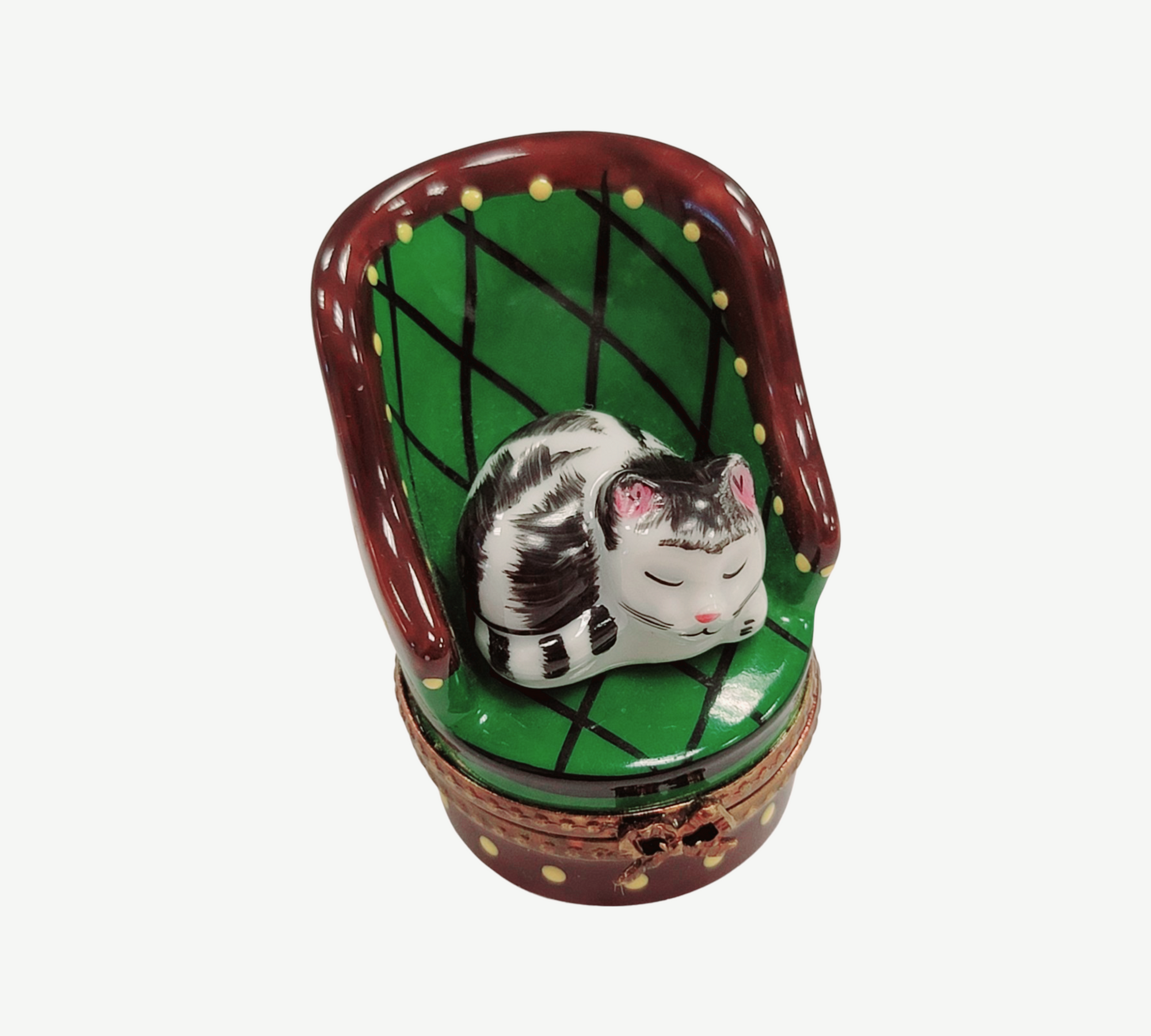 Cat in Green Chair Limoges Box Porcelain Limoges cat furniture French Trinket Box