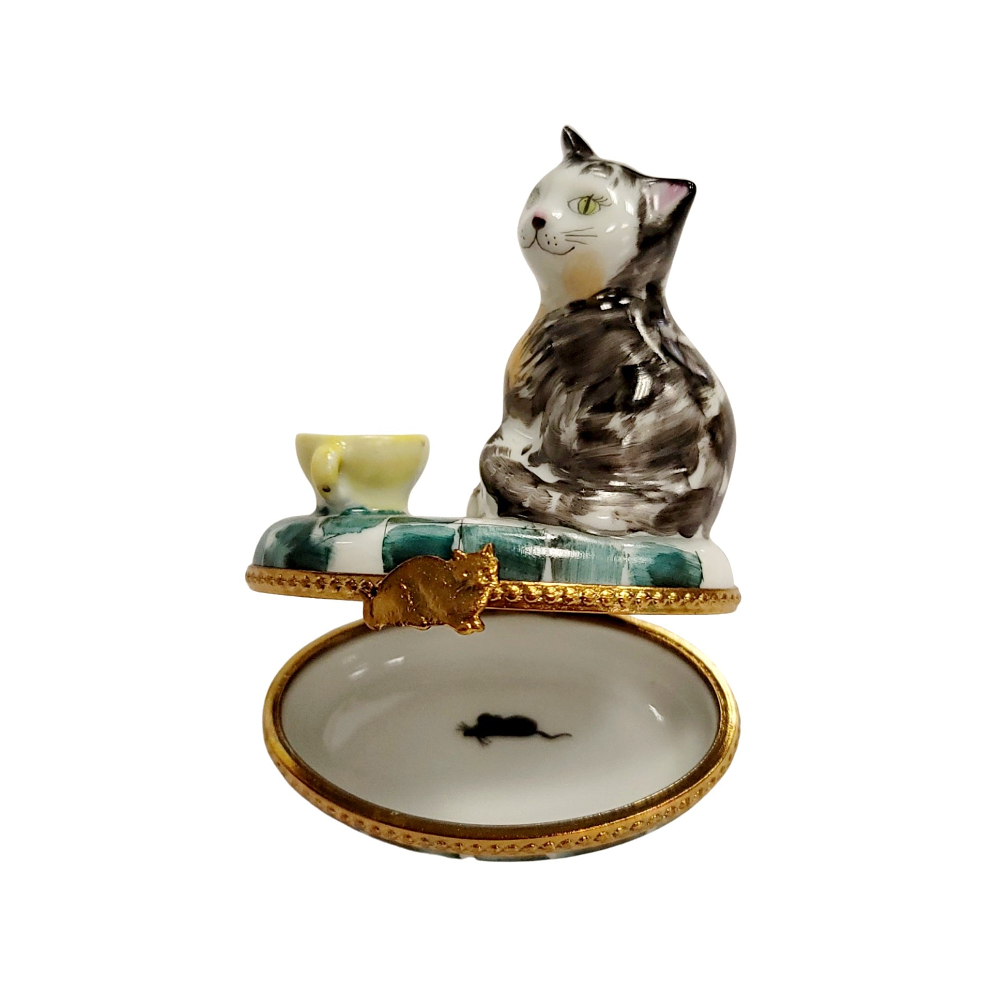 Cat in Yellow Teacup Porcelain Limoges Cat French Trinket Box