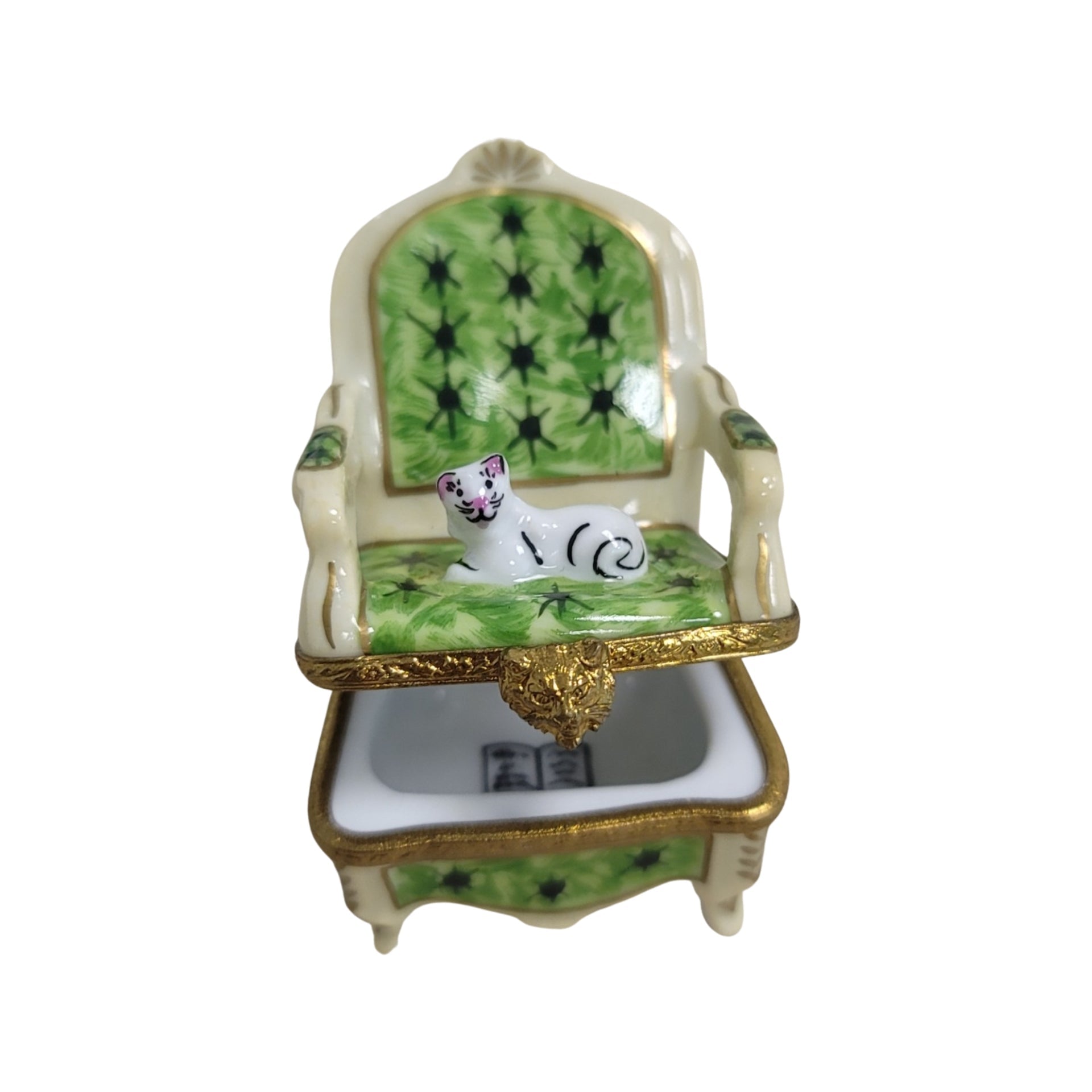 Cat on Elegant Green Chair Porcelain Limoges Cat furniture French Trinket Box