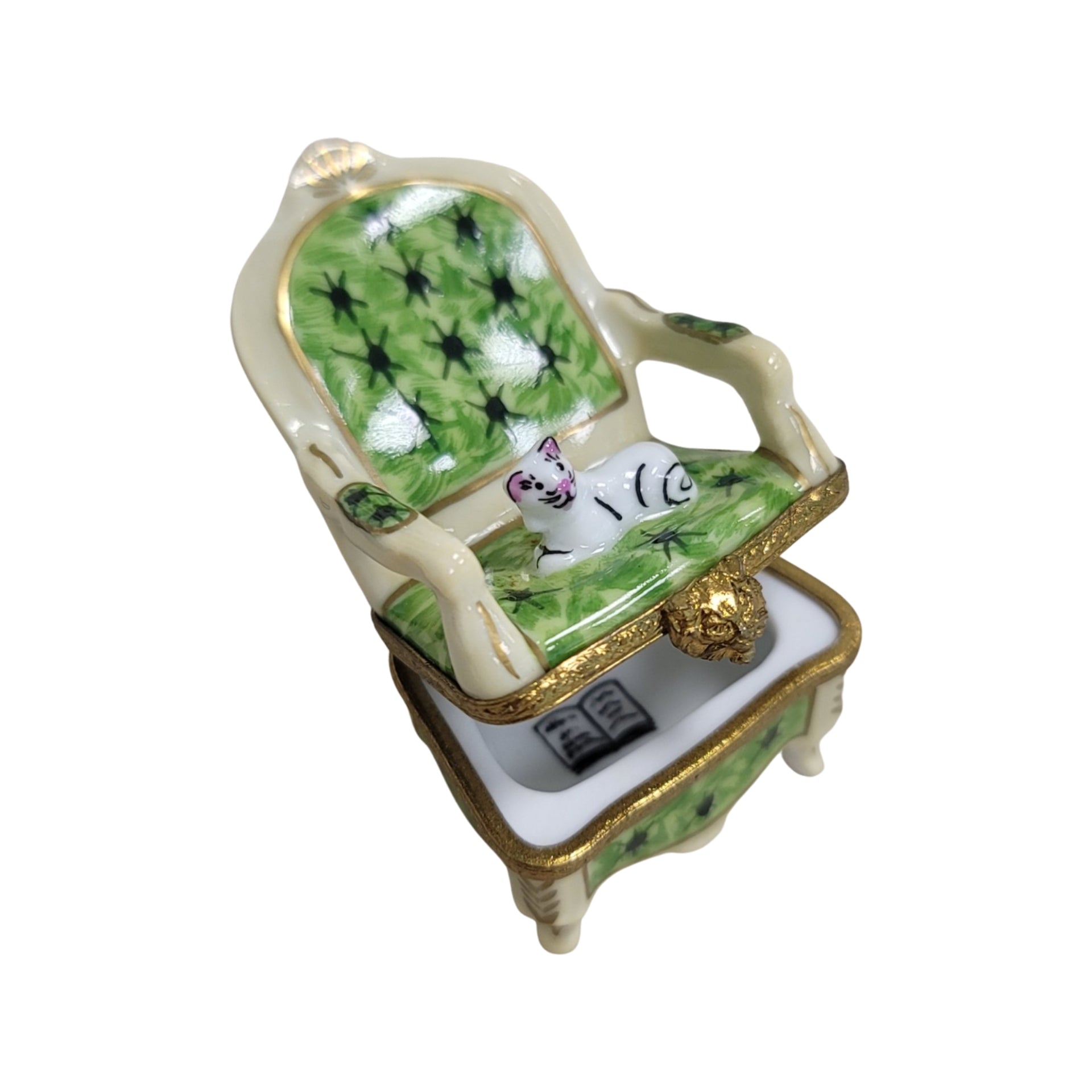 Cat on Elegant Green Chair Porcelain Limoges Cat furniture French Trinket Box