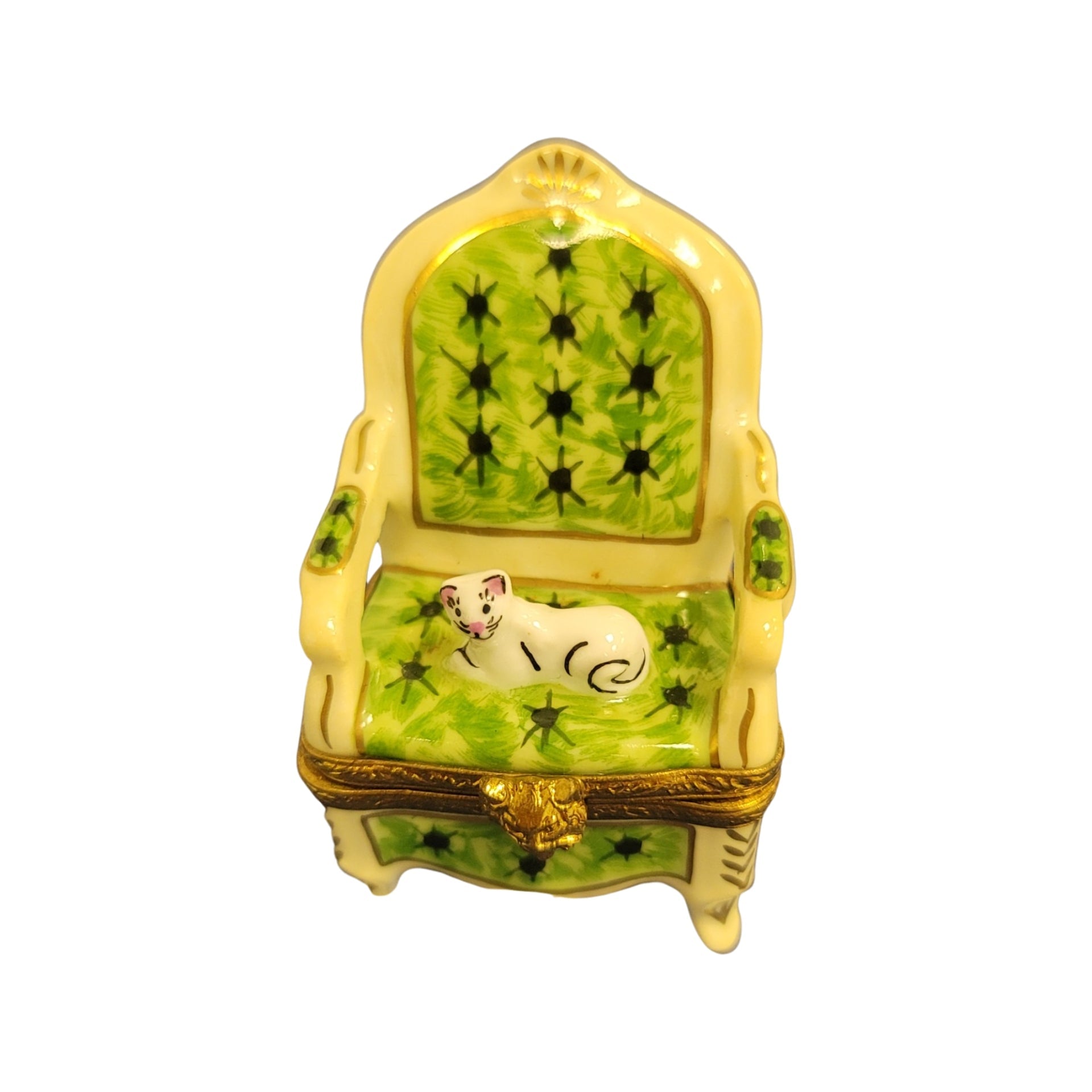 Cat on Elegant Green Chair Porcelain Limoges Cat furniture French Trinket Box