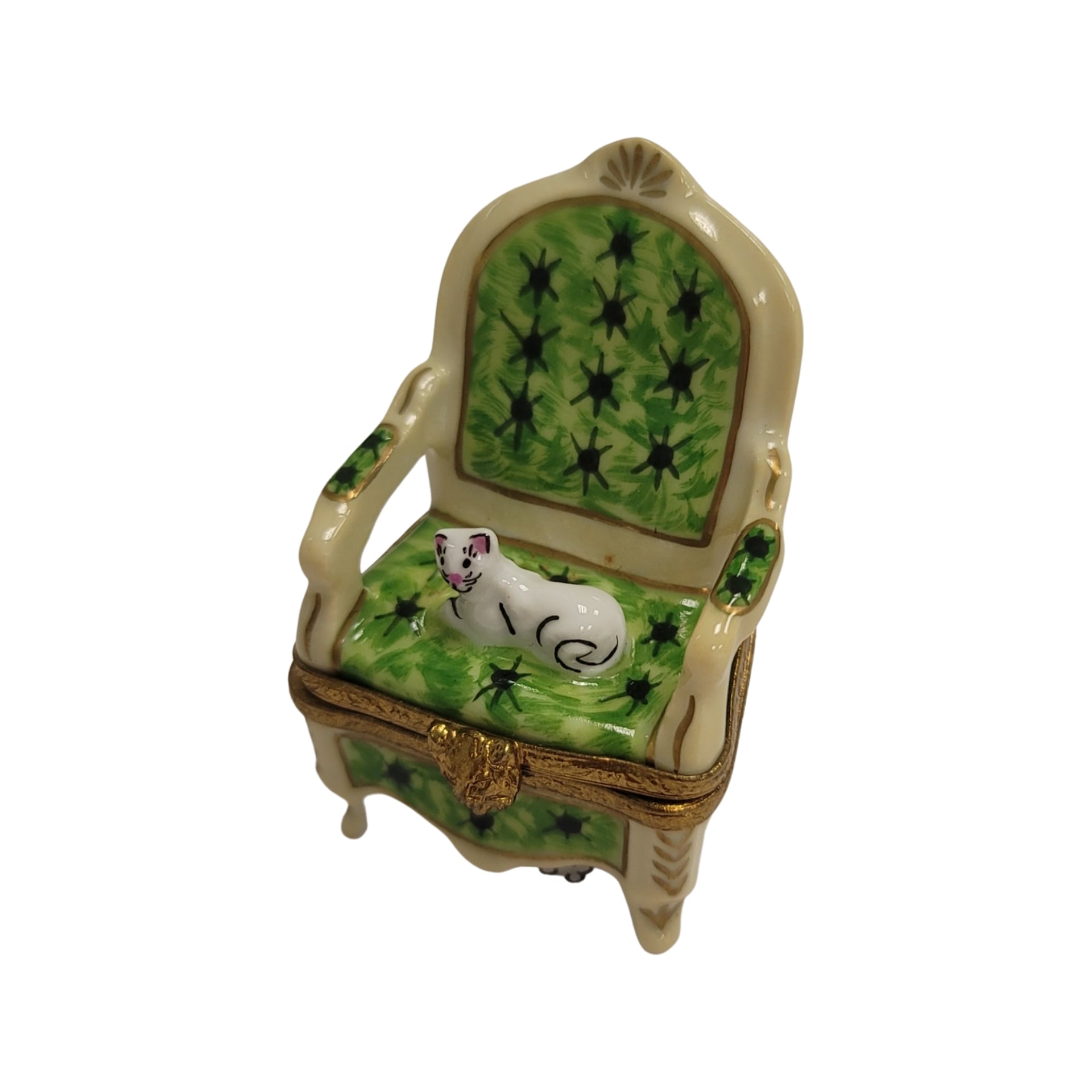 Cat on Elegant Green Chair Porcelain Limoges Cat furniture French Trinket Box