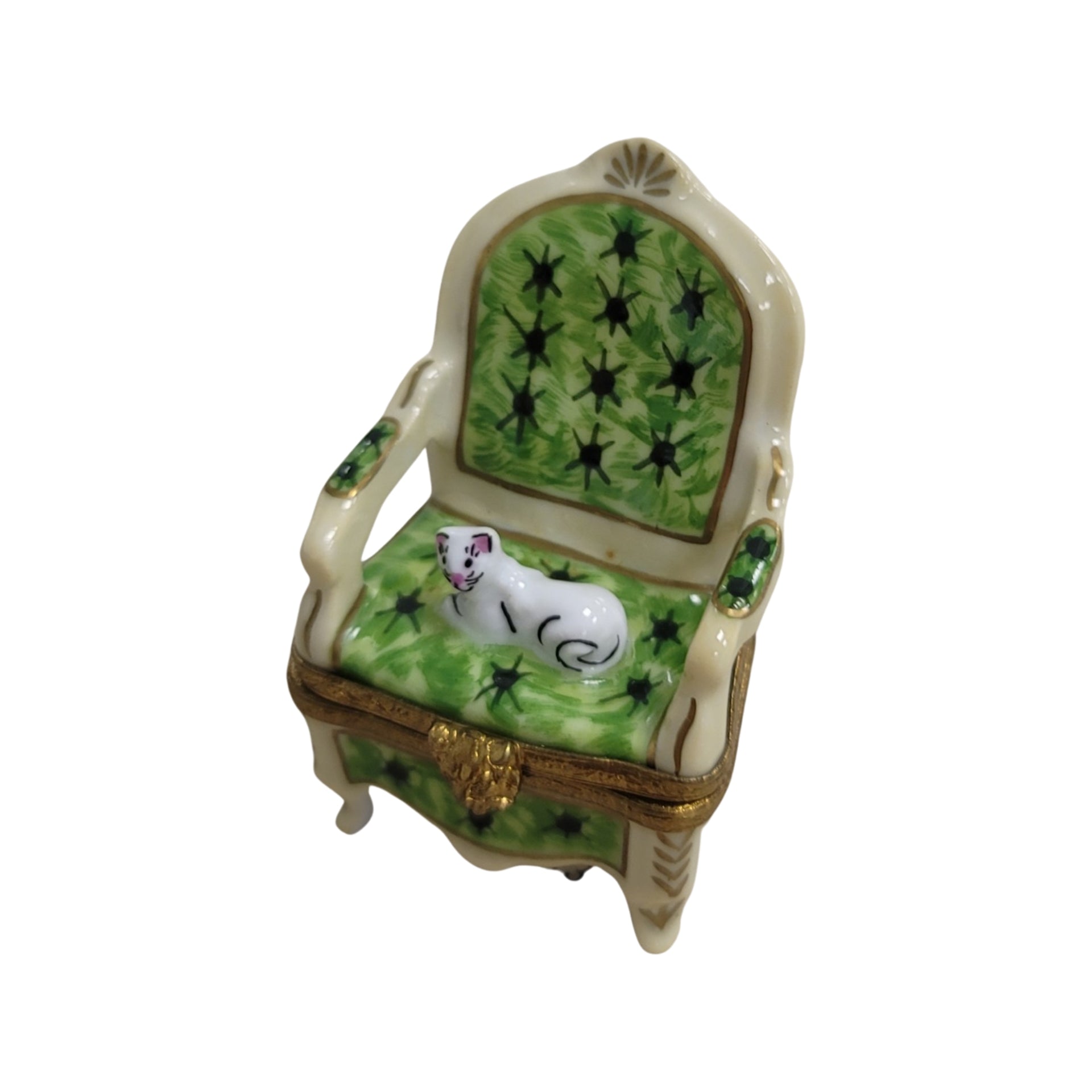 Cat on Elegant Green Chair Porcelain Limoges Cat furniture French Trinket Box