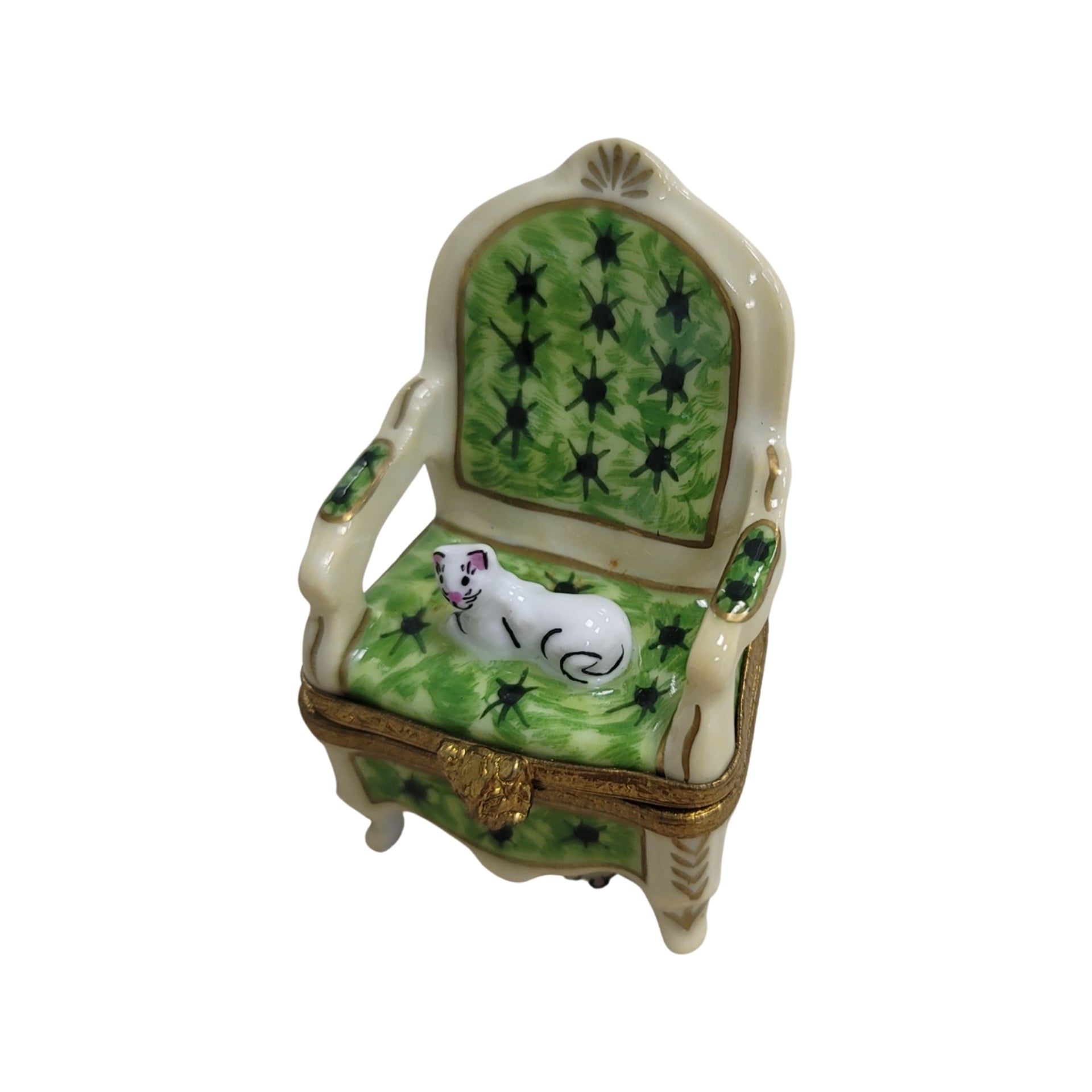 Cat on Elegant Green Chair Porcelain Limoges Cat furniture French Trinket Box