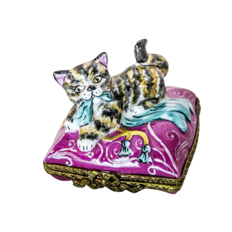 Cat on Pink Pillow Porcelain Limoges cat French Trinket Box