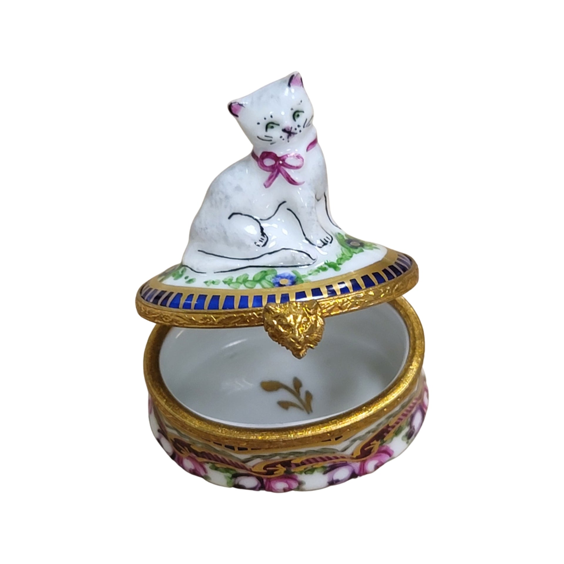 Cat Figurine on Floral Base Porcelain Limoges Cat French Trinket Box