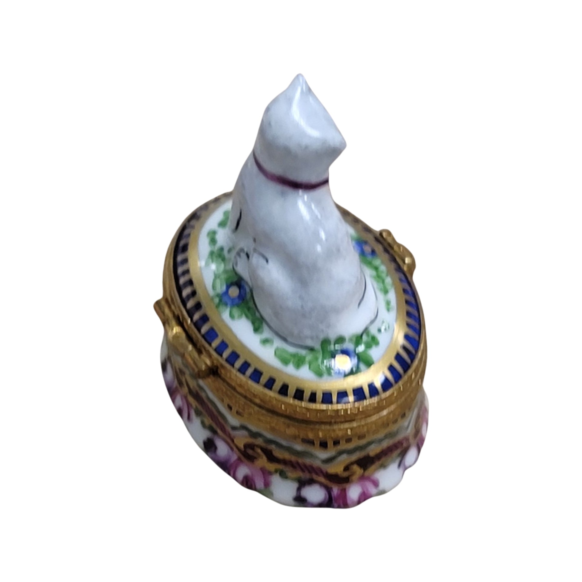 Cat Figurine on Floral Base Porcelain Limoges Cat French Trinket Box